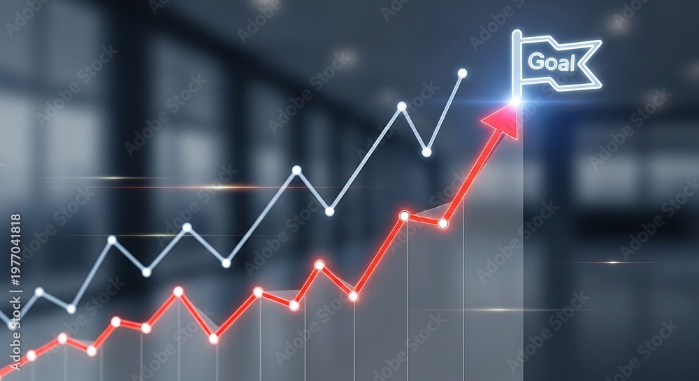 Obraz premium Business Growth Chart Arrow Reaching Goal Flag with Upward Trend.