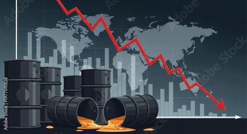 Oil barrels with falling graph and world map background.