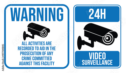 Two blue warning signs display security camera imagery and legal notices regarding monitored activities a stark silhouette high quality professional detailed modern elegant