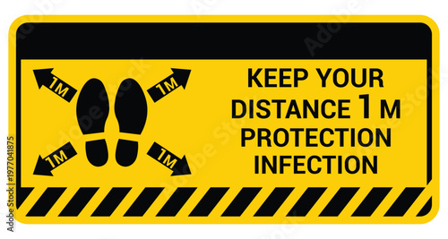 A yellow sign displays foot imprints with arrows indicating one meter distance for safety and protection silhouette high quality professional detailed modern elegant