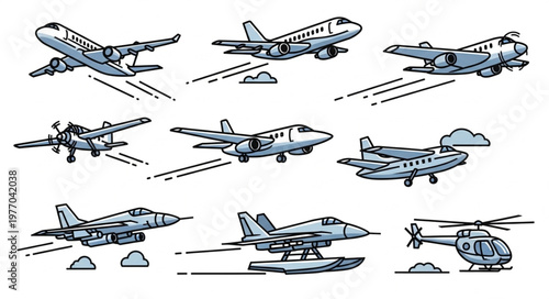 Collection of diverse aircraft flying in the sky.