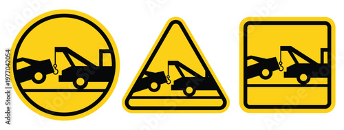 Three yellow warning signs depict a tow truck lifting a vehicle emphasizing potential roadside assistance needs silhouette high quality professional detailed modern elegant