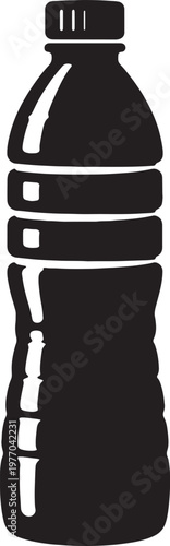 Black minimalist plastic water bottle silhouette icon for hydration and beverage packaging