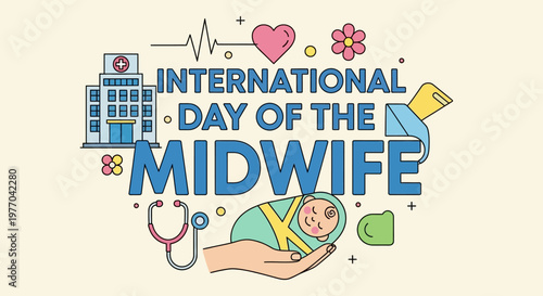 International Day of the Midwife with Midwife's Hands Holding a Newborn Baby, Hospital Building and Medical Equipment in Bright Studio.