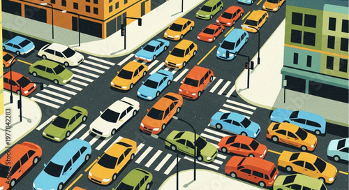 Busy City Intersection With Heavy Traffic Congestion.