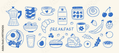 Hand drawn breakfast sketch illustrations. Coffee, egg, croissant, milk, cereal, jam, avocado, toast, pancake in crayon, chalk, ink drawing style. Vector food and drinks whimsical doodle line art.
