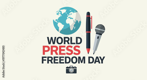 A globe with a classic microphone and a pen for "World Press Freedom Day," isolated white background.