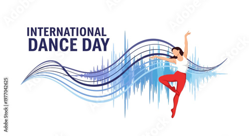 Elegant female dancer silhouette performing on a dynamic blue music wave graphic with "International Dance Day" text, isolated white background.