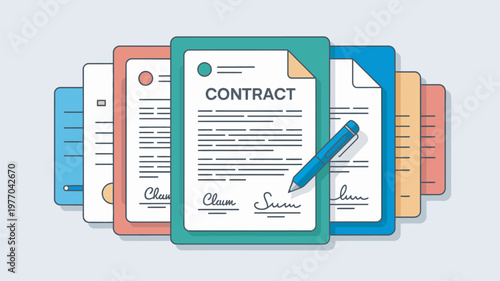 A colorful illustration of a contract document with a pen on top of multiple other documents.