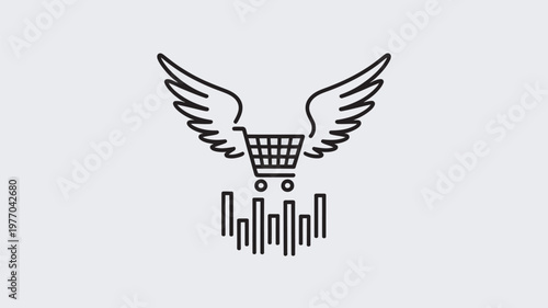 A stylized illustration of a shopping cart with wings and a bar graph, symbolizing e-commerce growth and analytics