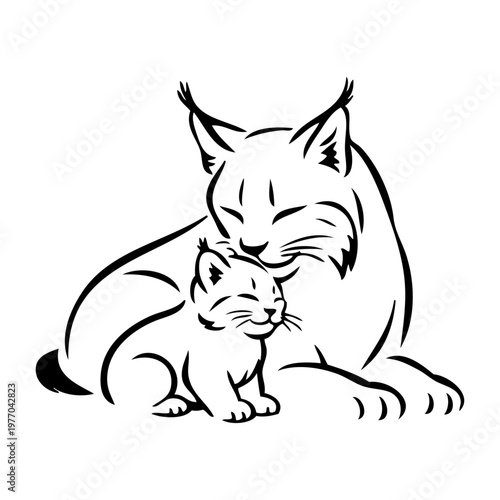 Dibujo minimalista con líneas de una madre lince besando a su gatito. Concepto de amor maternal 