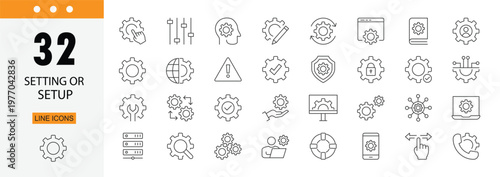 Setting or setup icons set representing configuration, system setup, preferences, tools, options and technical adjustments. Editable Stroke.