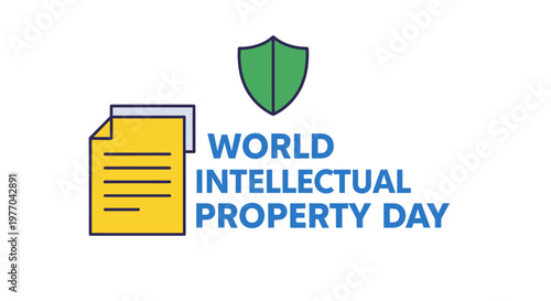 World Intellectual Property Day concept with official document and green protection shield in bright studio background.
