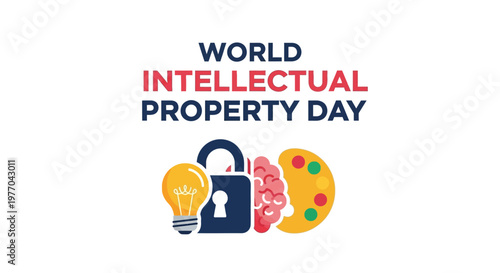 World Intellectual Property Day Protecting Ideas, Creativity, and Innovation with Padlock, Brain, and Lightbulb in Bright Studio Background