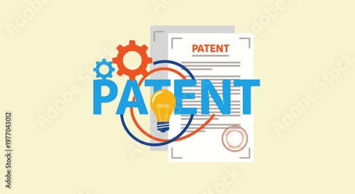 Patent Document with Gears and Lightbulb Symbolizing Innovation and Intellectual Property in Bright Studio Background