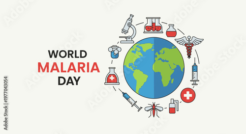World Malaria Day Global Scientific and Medical Fight with Earth and Healthcare Icons in Bright Studio Background