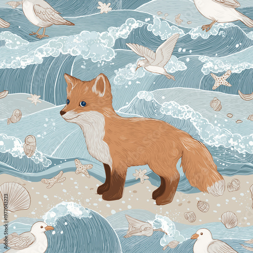 A fox stands on a beach with seagulls and ocean waves