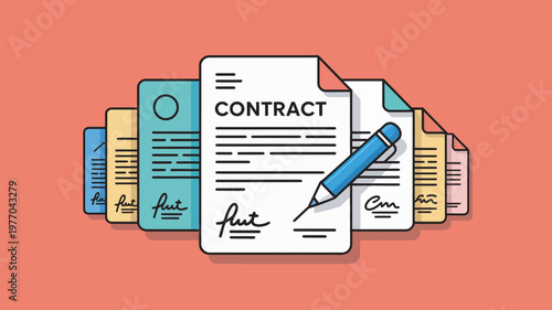 A contract document with a pen on top of multiple colorful papers