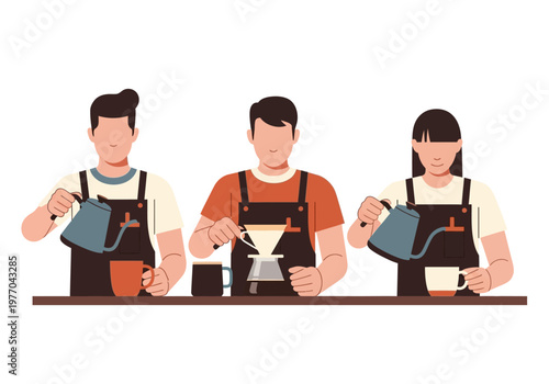 Barista Team Brewing Coffee with Pour Over Method Flat Illustration. Professional Coffee Makers in Aprons Working in a Cafe.