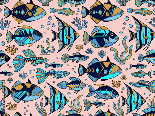Seamless Pattern with Stylized Tropical Fish, Coral and Seaweed on Pink Background. Marine Life Illustration for Textile, Wallpaper and Wrapping Paper Design.