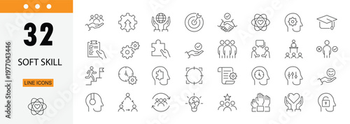 Soft skill icons set representing communication, teamwork, leadership, problem solving, time management and interpersonal abilities. Editable Stroke.