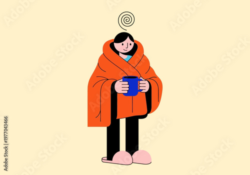 Sick Person Wrapped in Blanket Holding Hot Mug Illustration - Mental Health, Flu, and Winter Wellness Concept