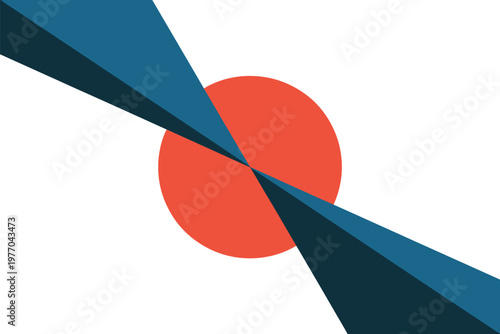 A modern graphic design featuring a vibrant orange circle and blue triangles on a white background