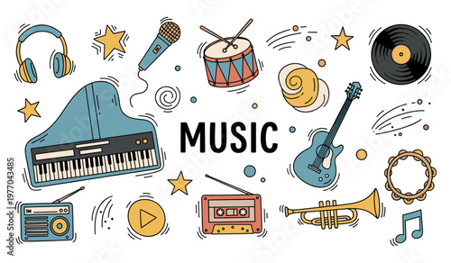 Music icons featuring instruments and records on white background