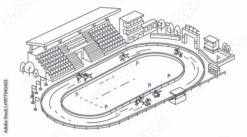 Isometric line drawing of an athletics stadium with running track and grandstand.