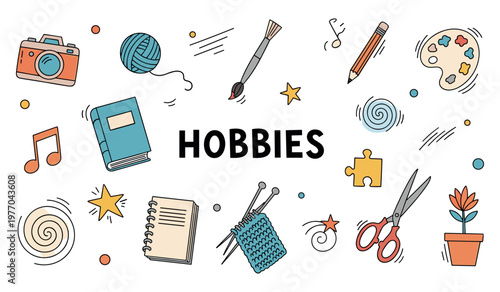 Hobby icons representing creative pastimes on white background