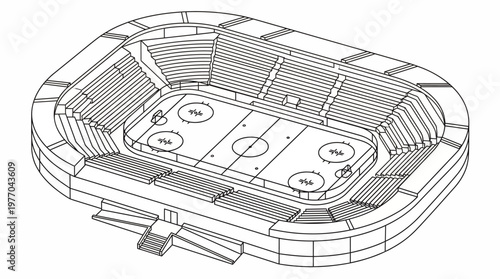 Isometric architectural drawing of an indoor ice hockey arena with seating and rink.