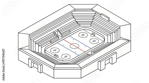 Isometric line drawing of an indoor ice hockey arena with tiered seating and rink layout.