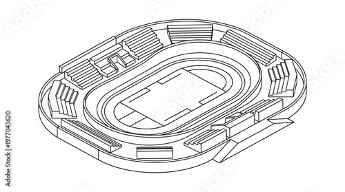 Isometric schematic illustration of an oval sports stadium with track and seating.