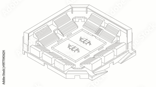 Isometric architectural line drawing of a fortified hexagonal castle keep with battlements.