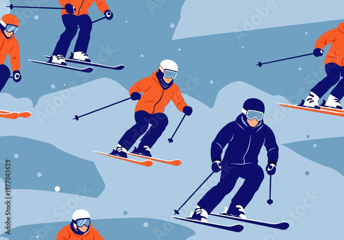 Flat Illustration of People Skiing Downhill on Snowy Mountain, Seamless Pattern of Winter Sports Athletes in Blue and Orange Gear
