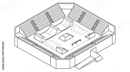 Isometric line drawing of a modern sunken lounge with seating and central table.