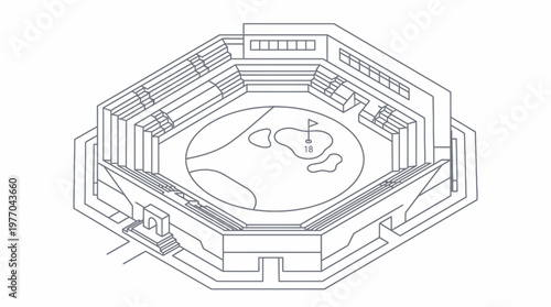 Isometric line drawing of an octagonal exhibition enclosure with a central pool and seating.