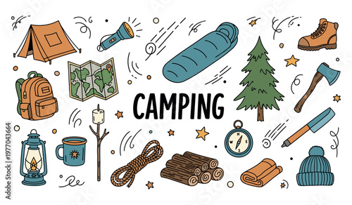 Camping supplies scattered with map compass and outdoor tools