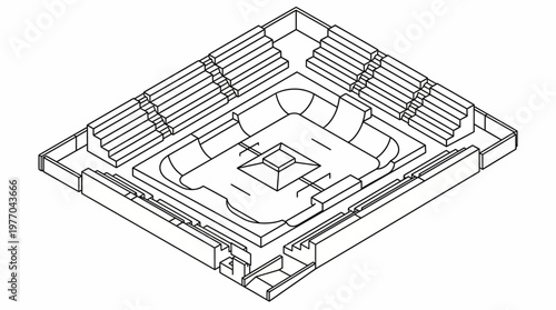 Isometric line drawing of a baseball stadium seating and field layout.