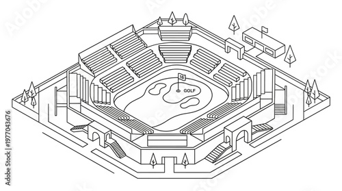 Isometric line-art illustration of a modern sports stadium complex.