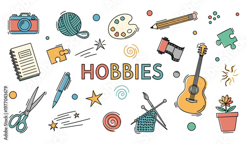 Hobbies icons depicting crafts music and leisure on white background