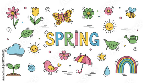 Spring season elements with flowers butterflies and rain icons