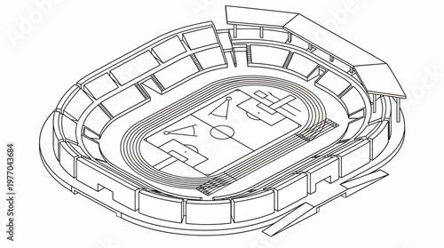 Isometric line drawing of a multipurpose sports stadium blueprint.