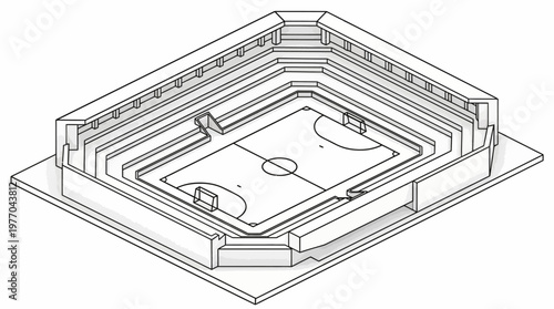 Isometric technical line drawing of an indoor sports arena basketball court layout.