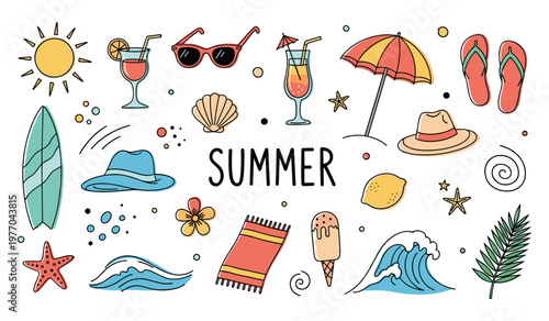 Summer icons arranged in playful layout on white background