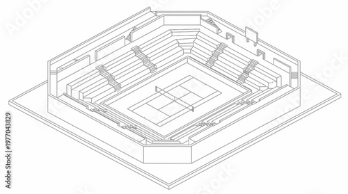 Isometric architectural line drawing of an indoor sports arena seating plan.