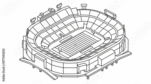 Isometric architectural line drawing of an oval stadium venue.