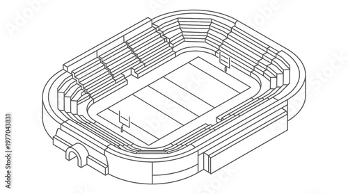 Isometric line drawing of a modern sports stadium interior.