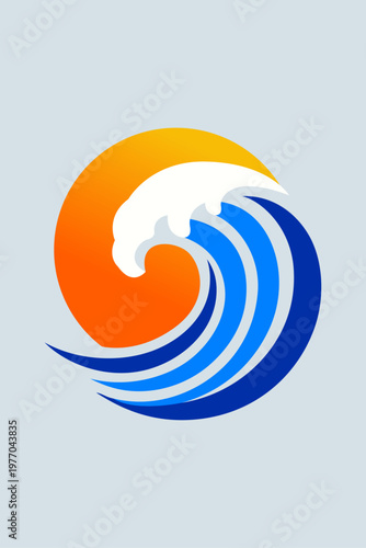 Logo agencia de viajes. Vacaciones de verano. Dibujo sencillo con silueta de un sol con olas de mar en forma de círculo, con fondo azul claro 