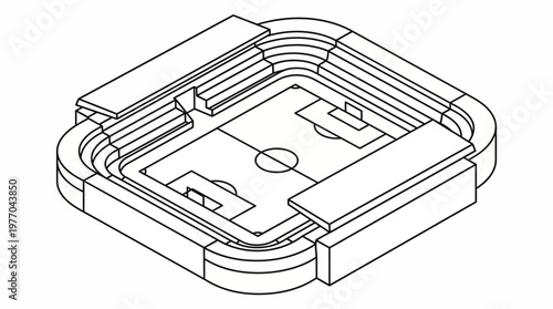 Isometric line drawing of a modern soccer stadium interior plan.